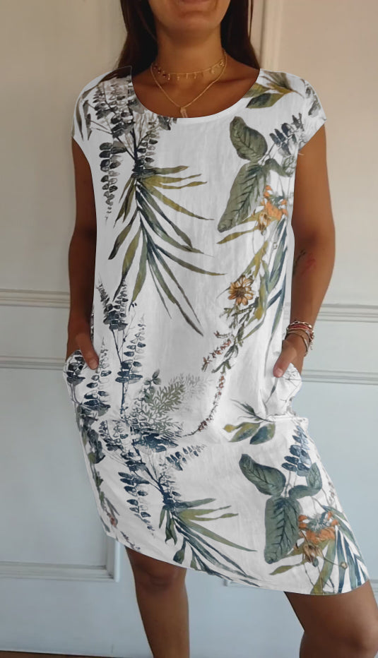 Eloise – Botanical Print Cap Sleeve Shift Midi Dress