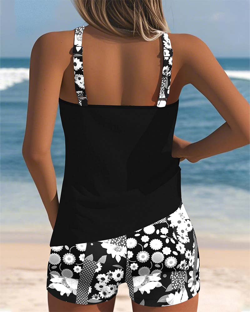Eliza – Scoop Neck Tankini and Floral Swim Shorts Set