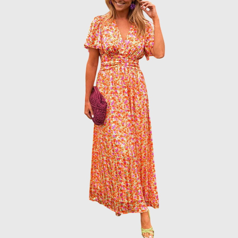 Hazel – Ditsy Floral V Neck Puff Sleeve Midi Dress