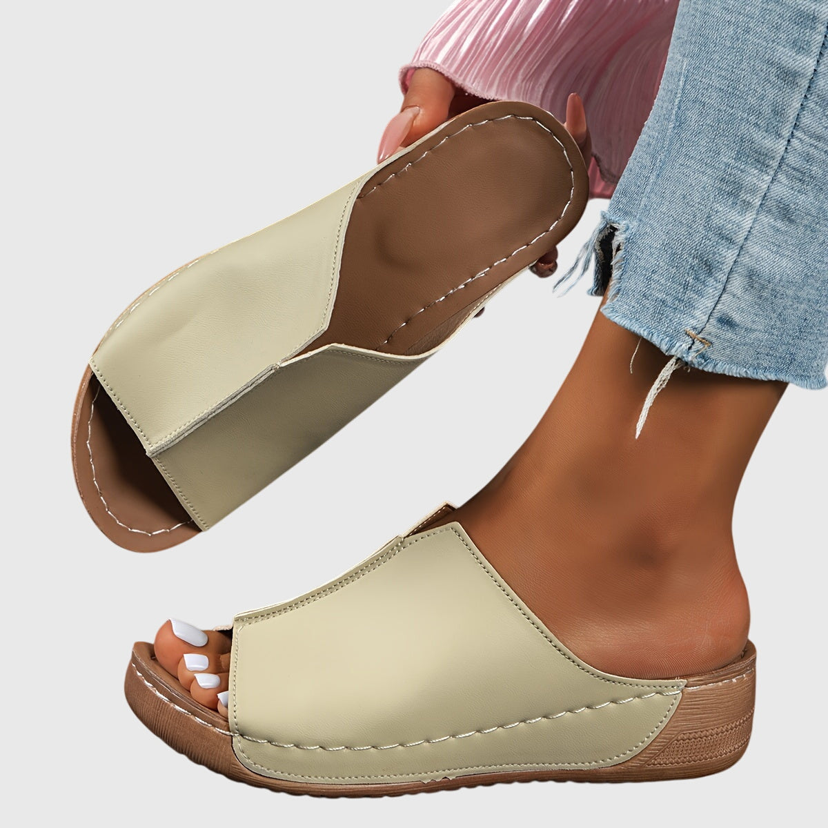 Rose – Crossover Wide Band Wedge Slide Sandals