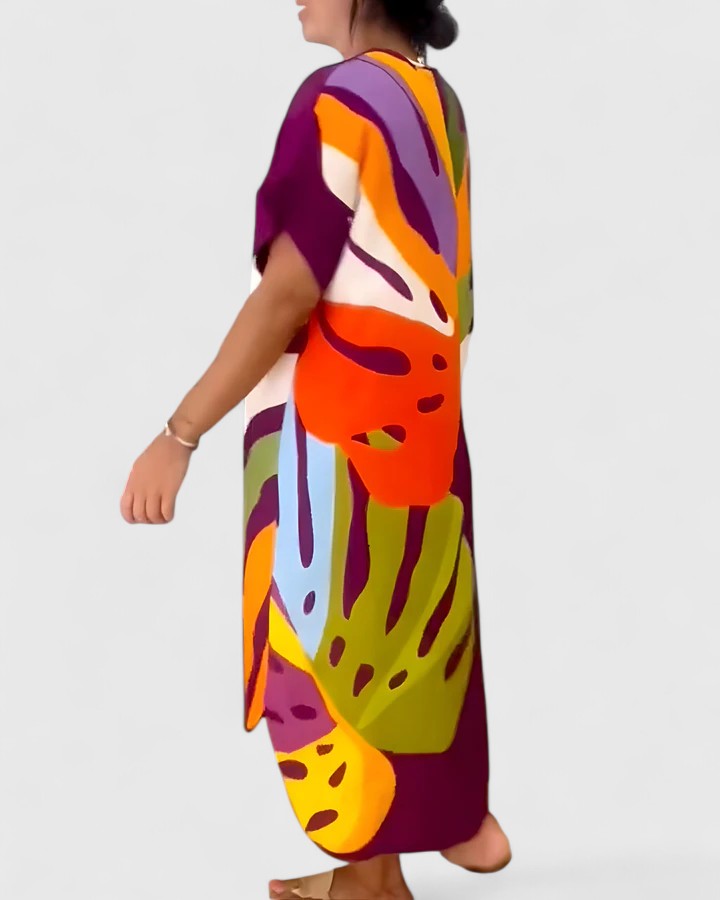 Annie – Abstract Print V Neck Kaftan Midi Dress