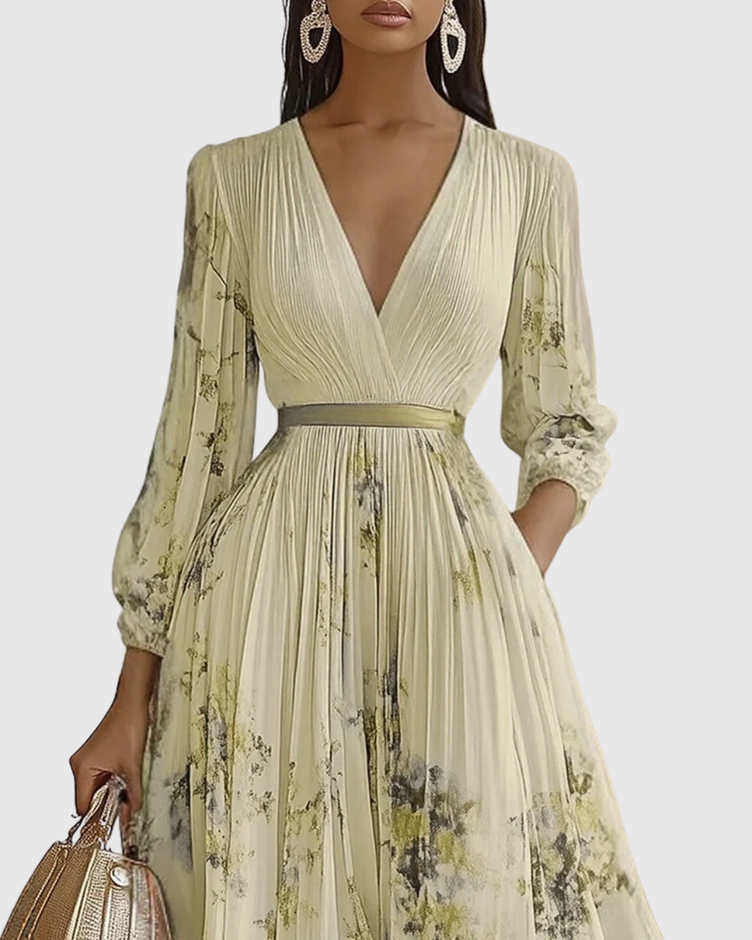 Scarlett – Abstract Print V Neck Pleated Midi Dress