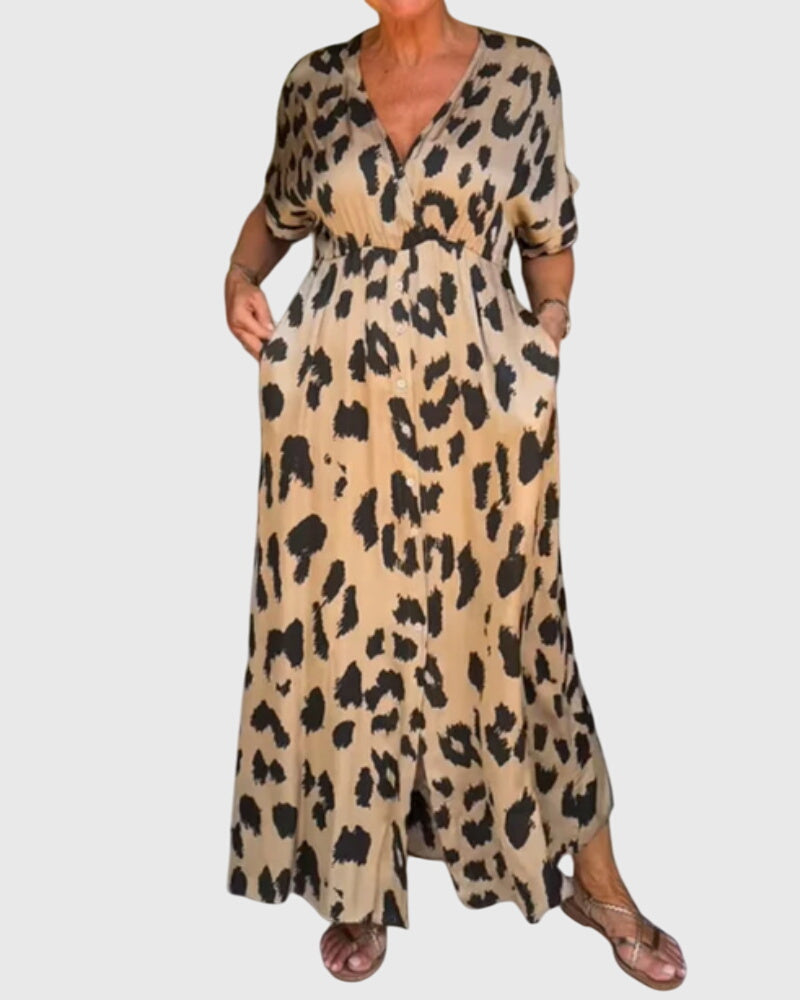 Amara – Leopard Print V Neck Flowy Maxi Dress