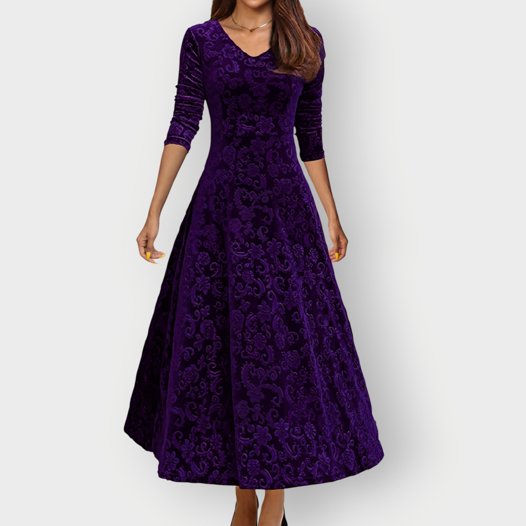 Cara – Velvet V Neck A Line Cocktail Midi Dress