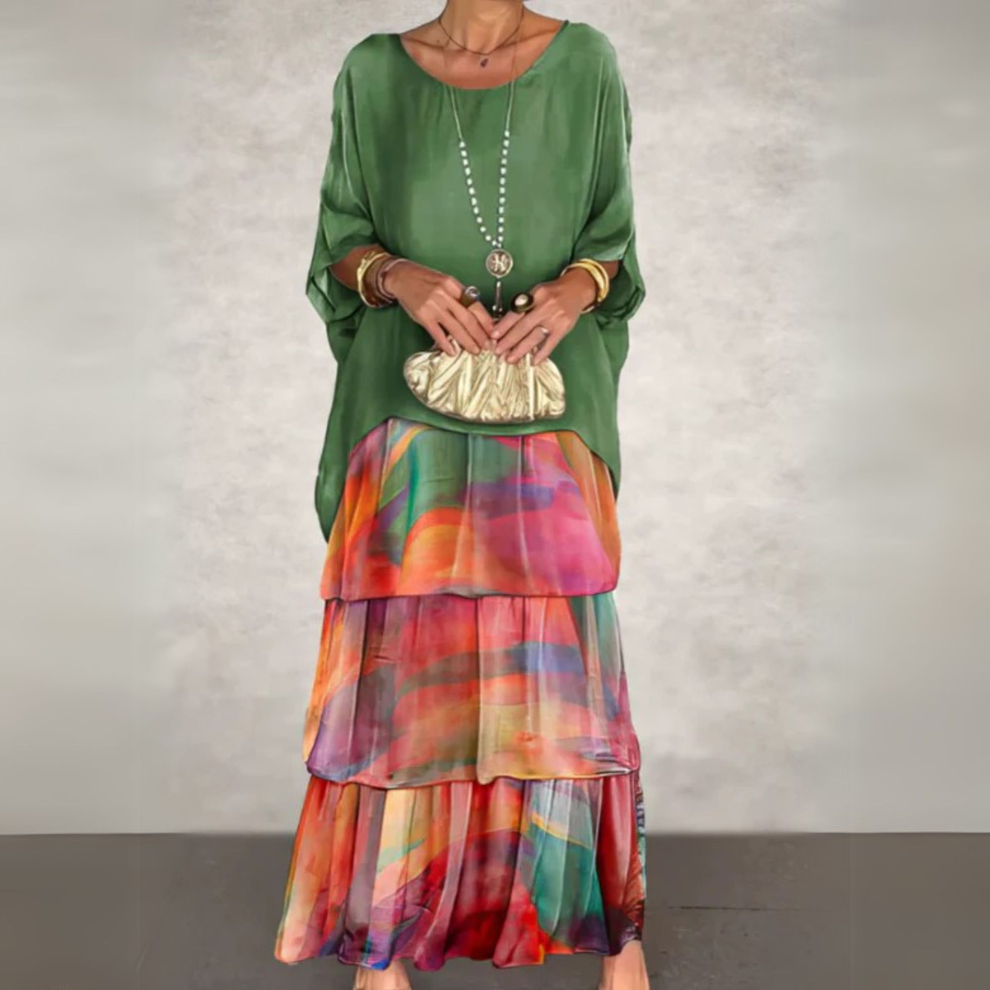 Brianna – Daisy Print Batwing Sleeve Tiered Maxi Dress