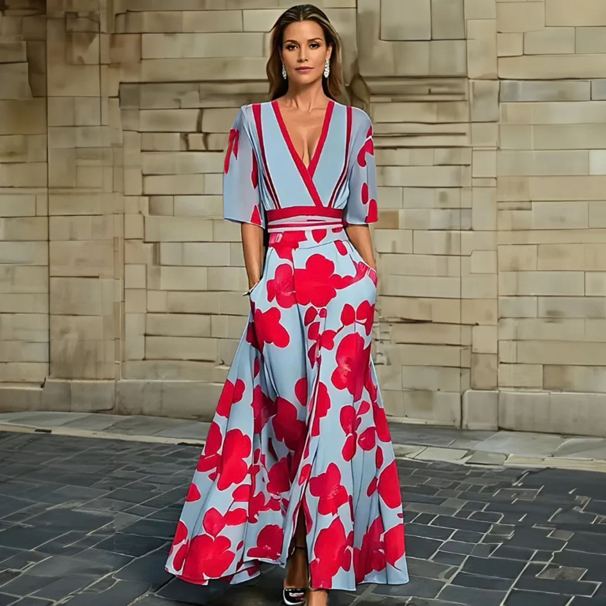 Journee – Floral Print Wrap V Neck Maxi Dress
