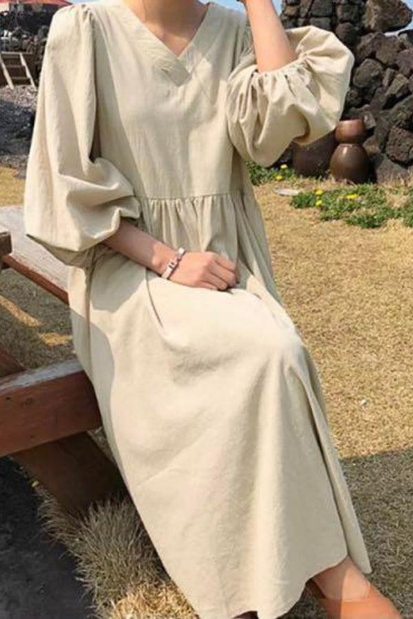 Isabella – V Neck Balloon Sleeve Smocked Waist Maxi Dress