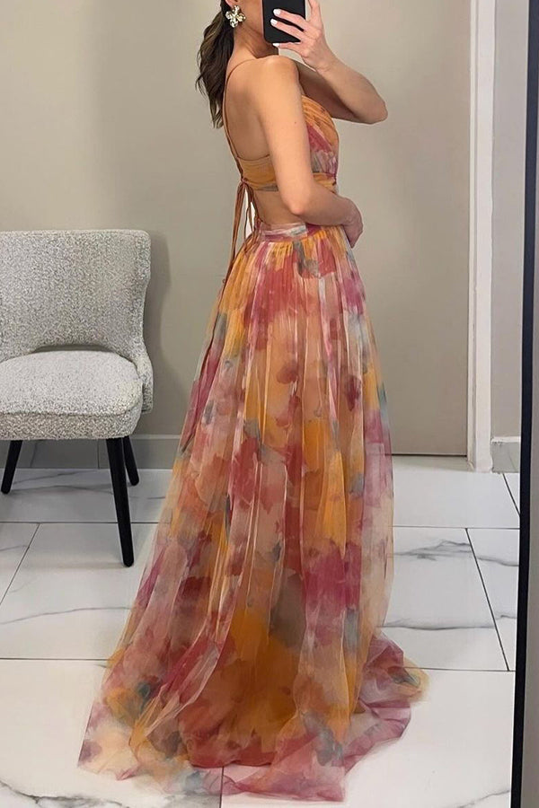 Harper – Floral Print Plunge Neck Evening Maxi Dress
