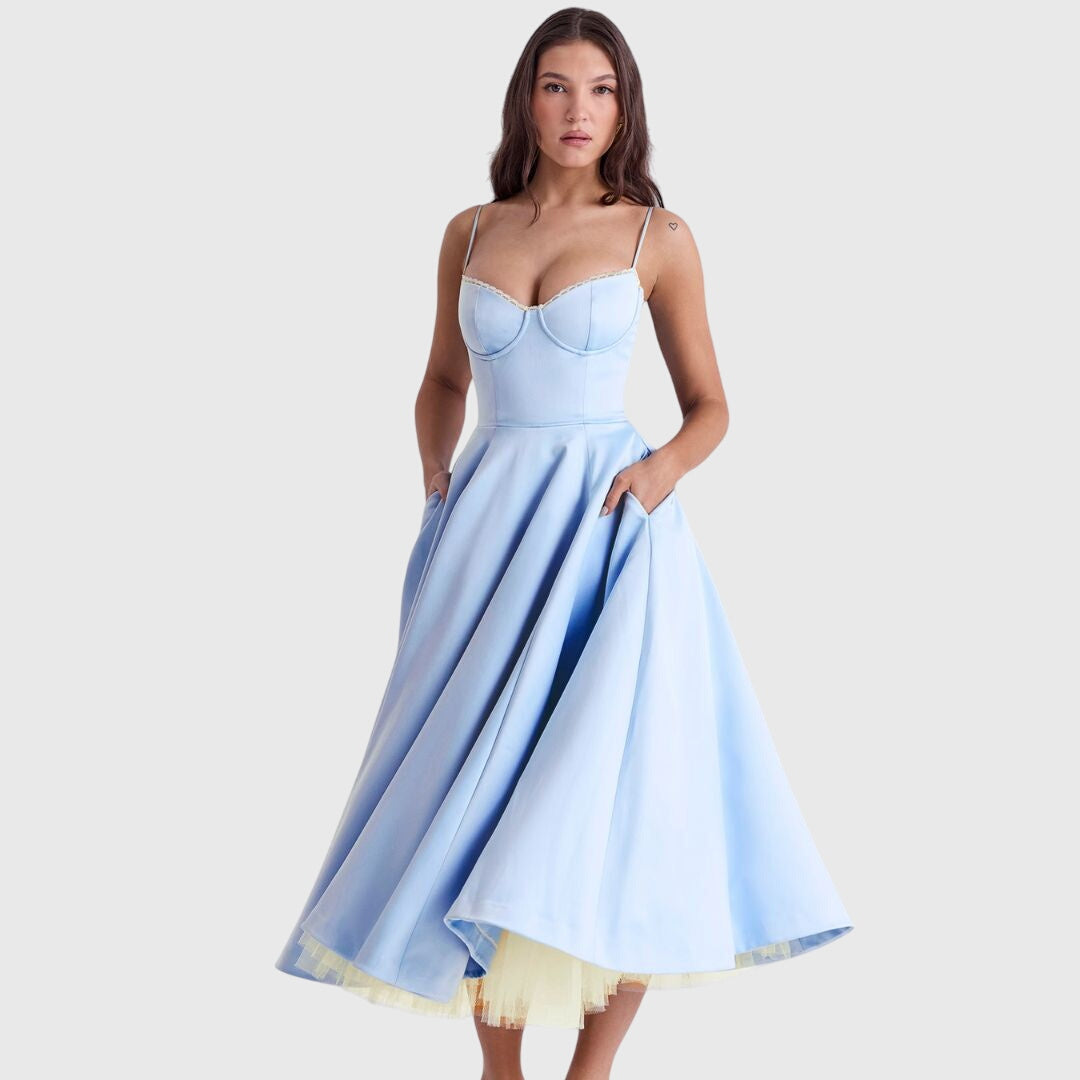 Luna – Satin Strapless Cocktail Midi Dress