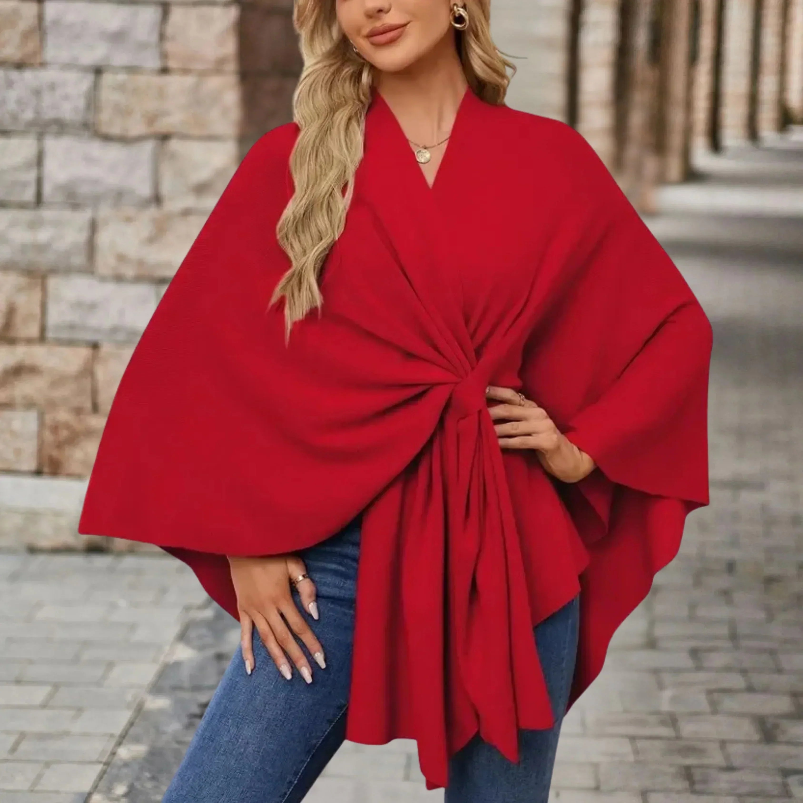 Ava – Draped Twist Front Knit Poncho