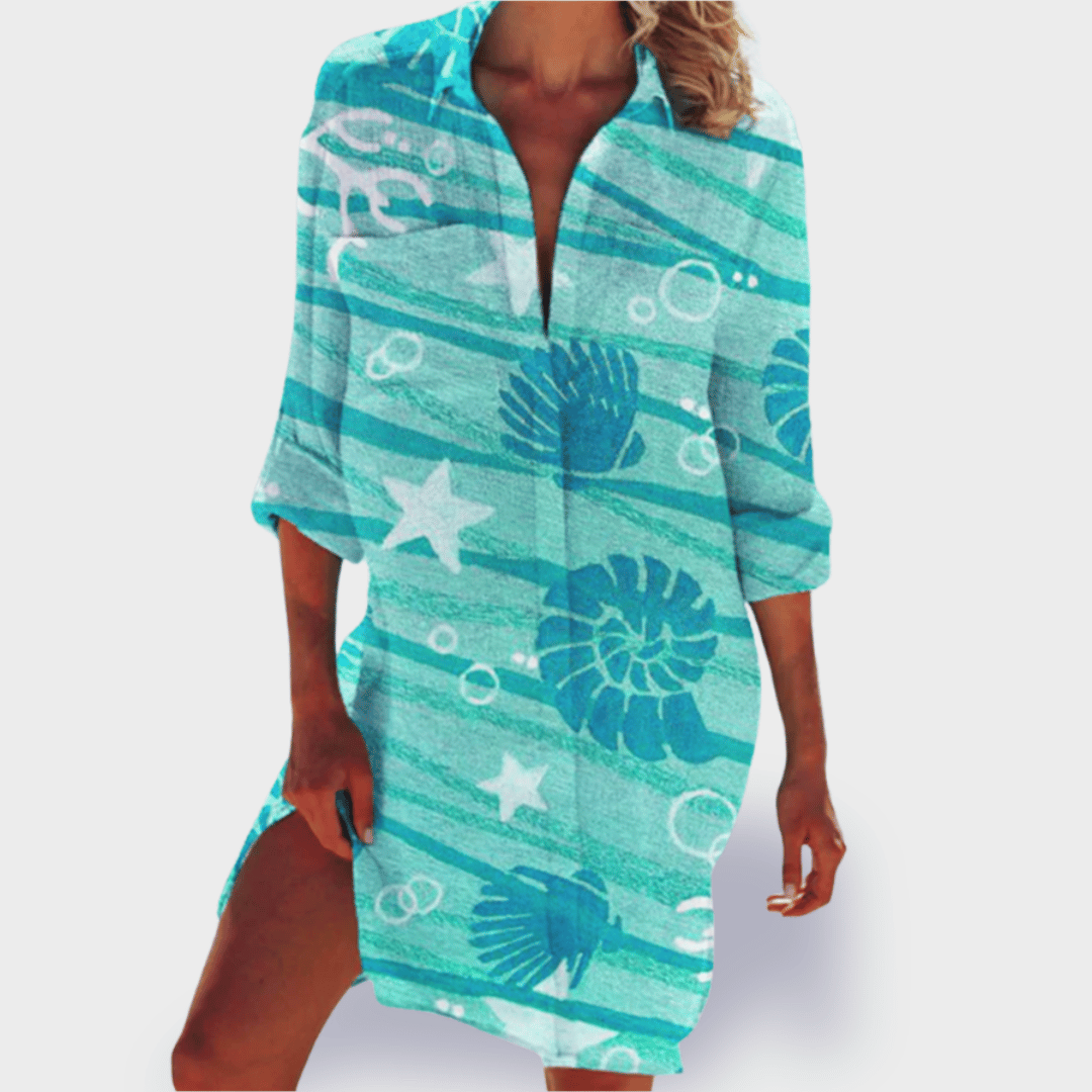 Lia – Tie Dye 3/4 Sleeve Tunic Mini Shirt Dress