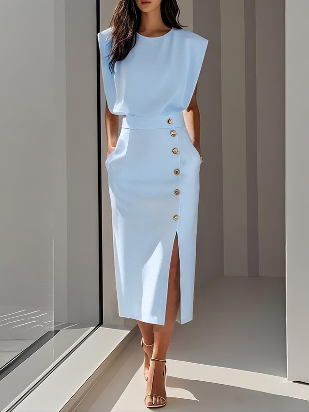 Sophie – Round Neck Bodycon Side Slit Midi Dress