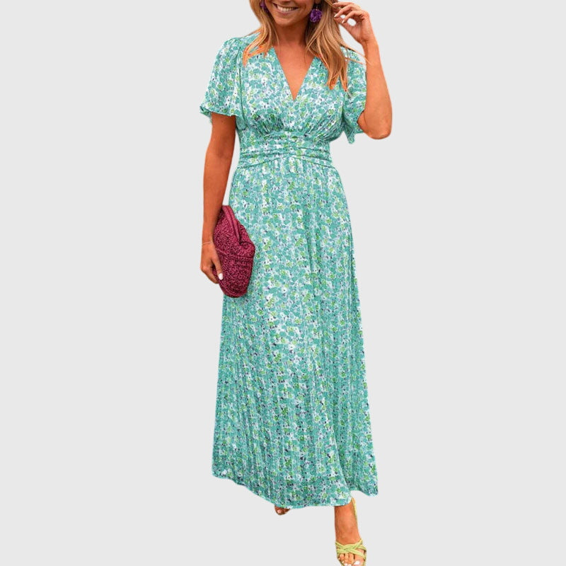 Hazel – Ditsy Floral V Neck Puff Sleeve Midi Dress