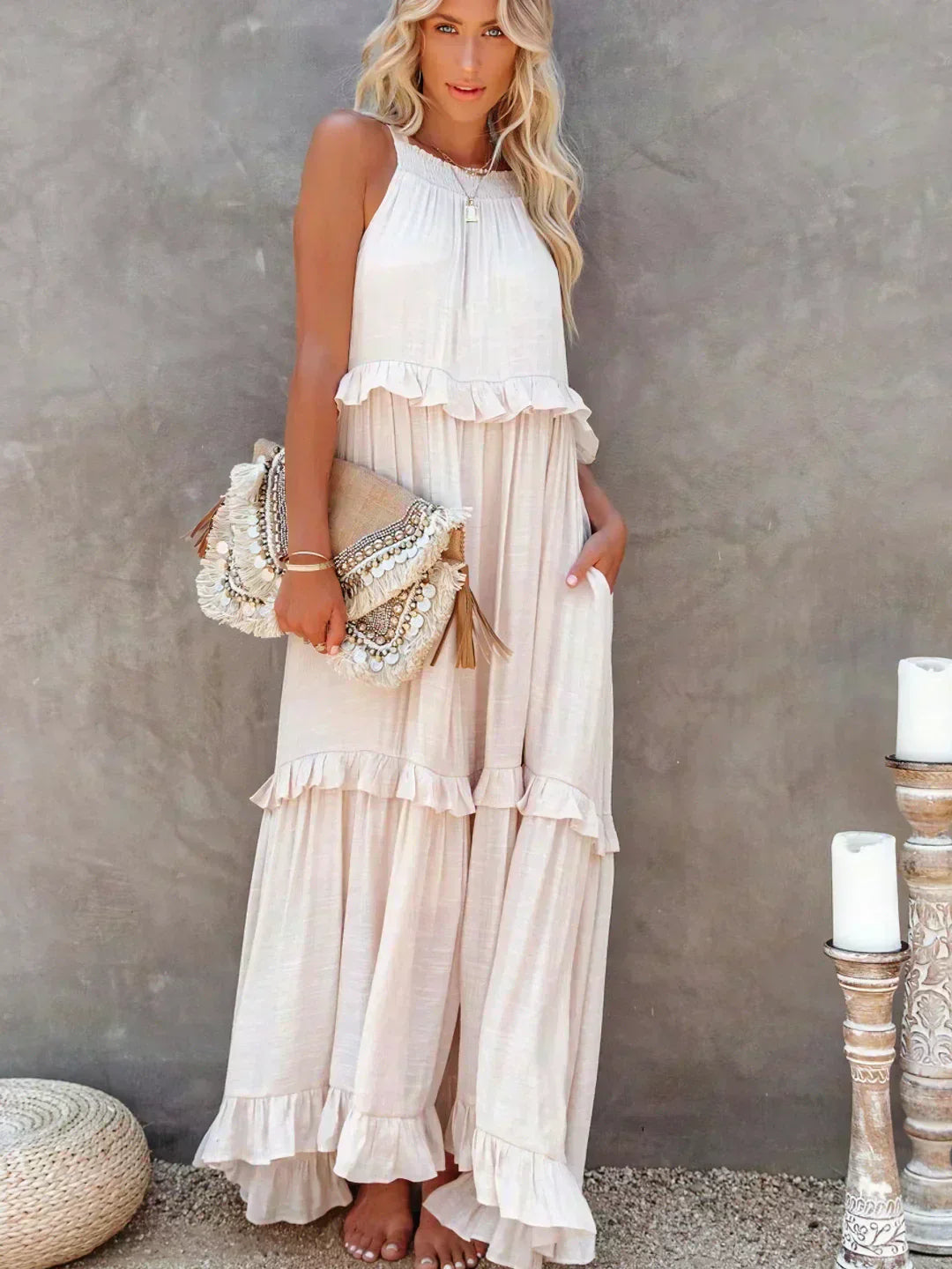 Veronica – High Neck Tiered Ruffle Summer Maxi Dress