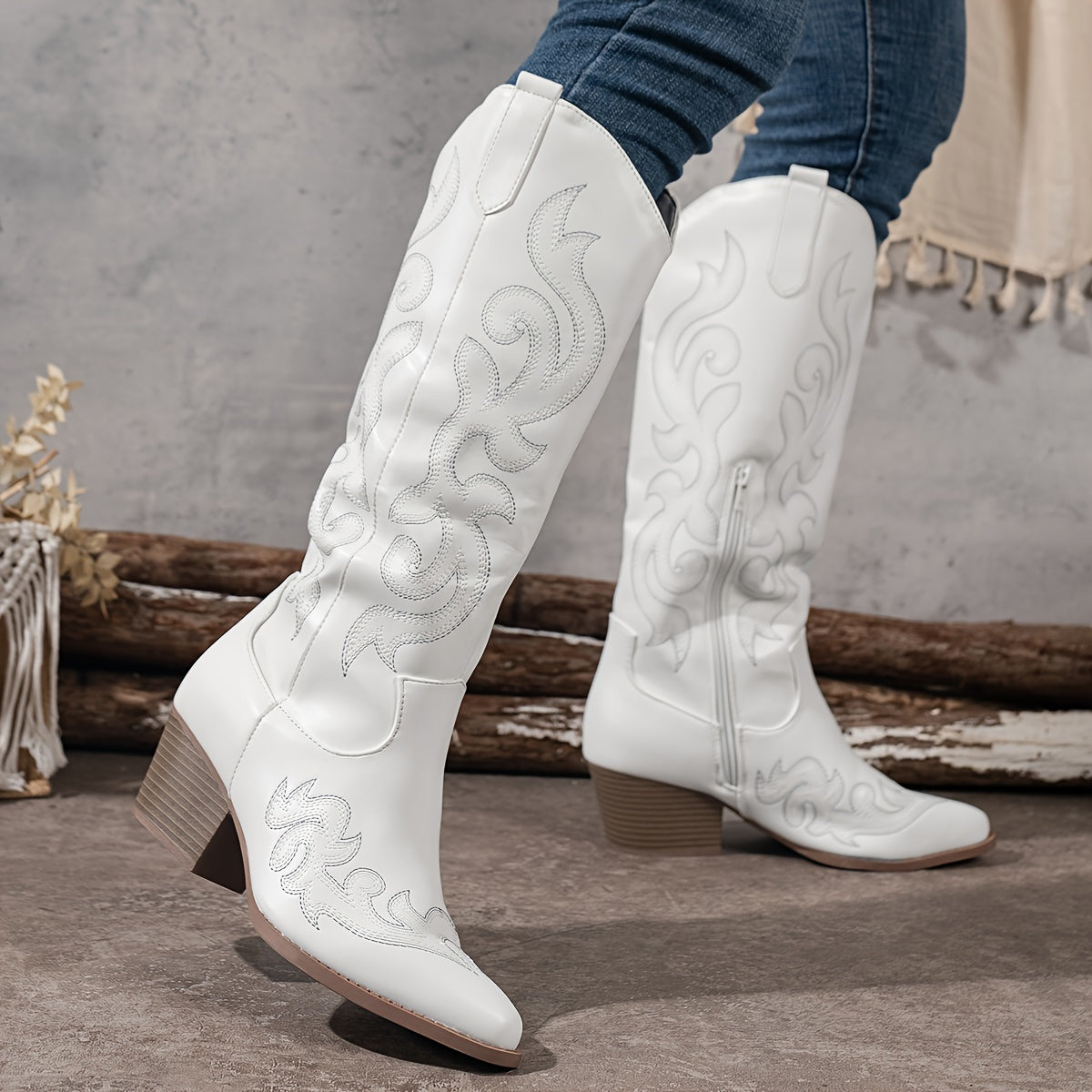 Phoebe – Embroidered Knee High Western Boots