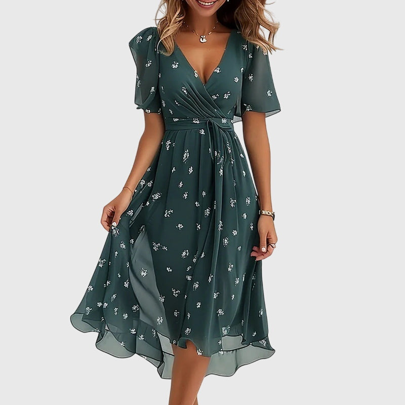 Lola – Floral Wrap V Neck Ruffle Midi Dress
