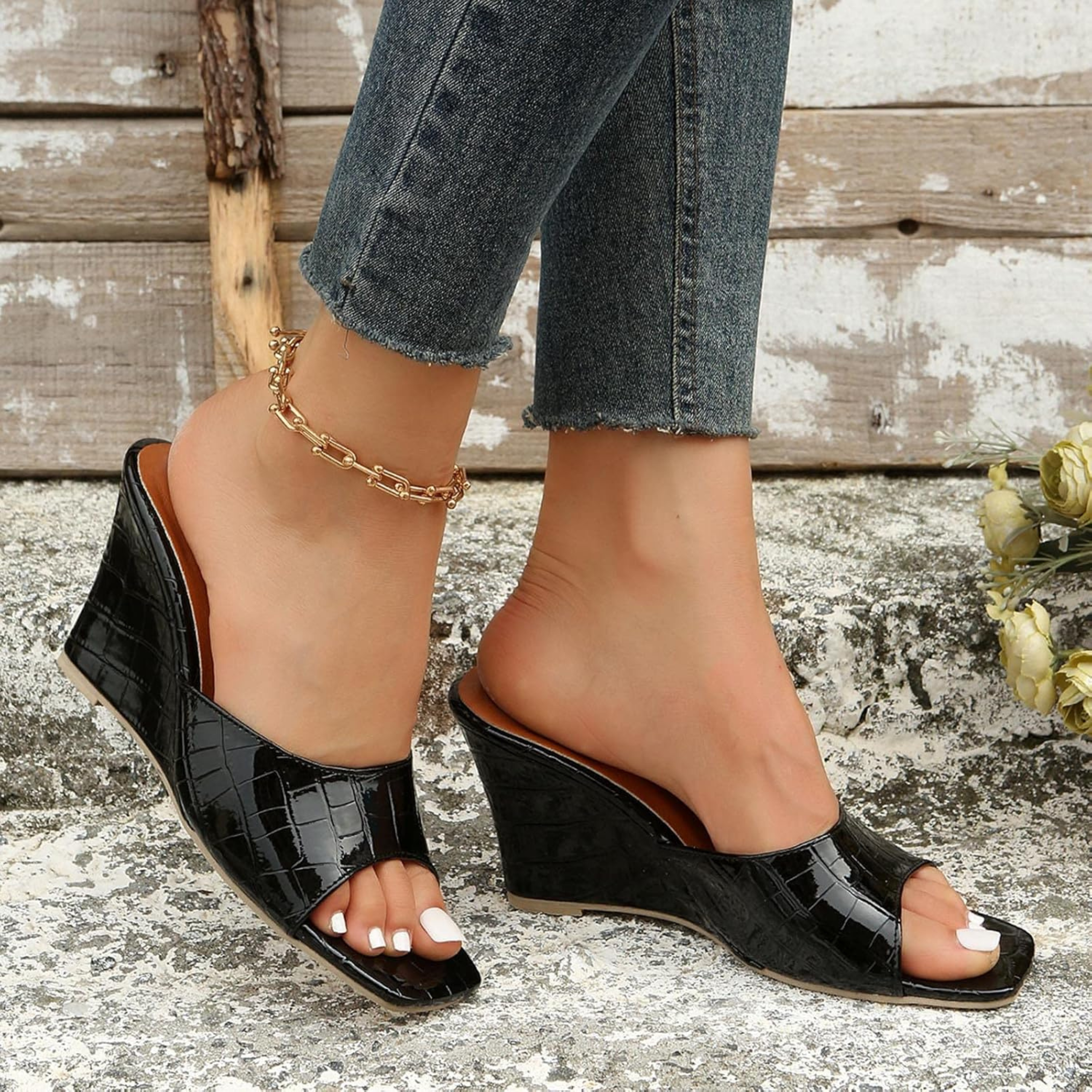 Camila – Croc Embossed Peep Toe Wedge Mules