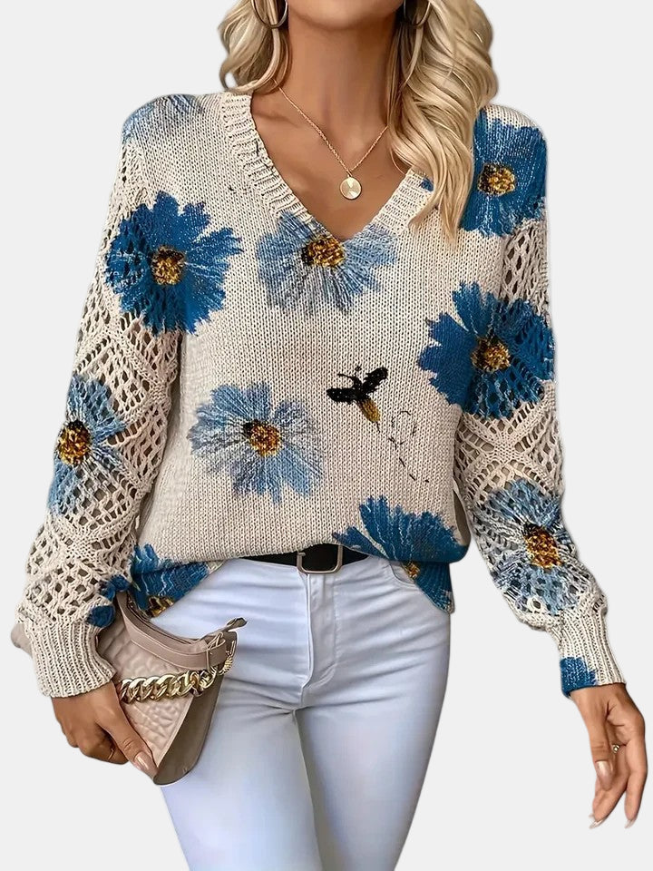 Willow – Floral Print V Neck Knit Sweater