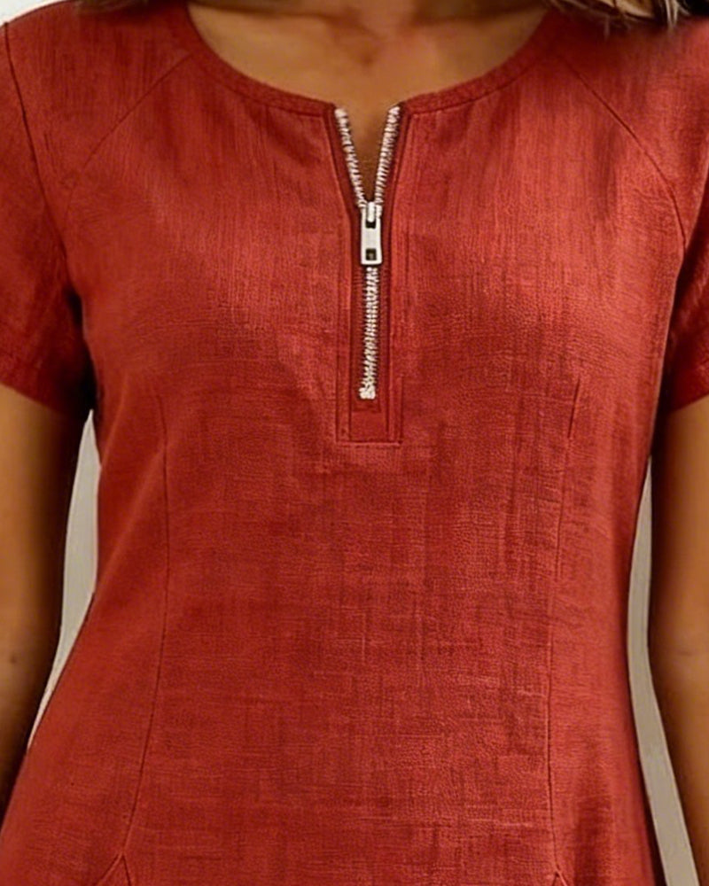 Selena – Zip Neck Short Sleeve Shift Dress