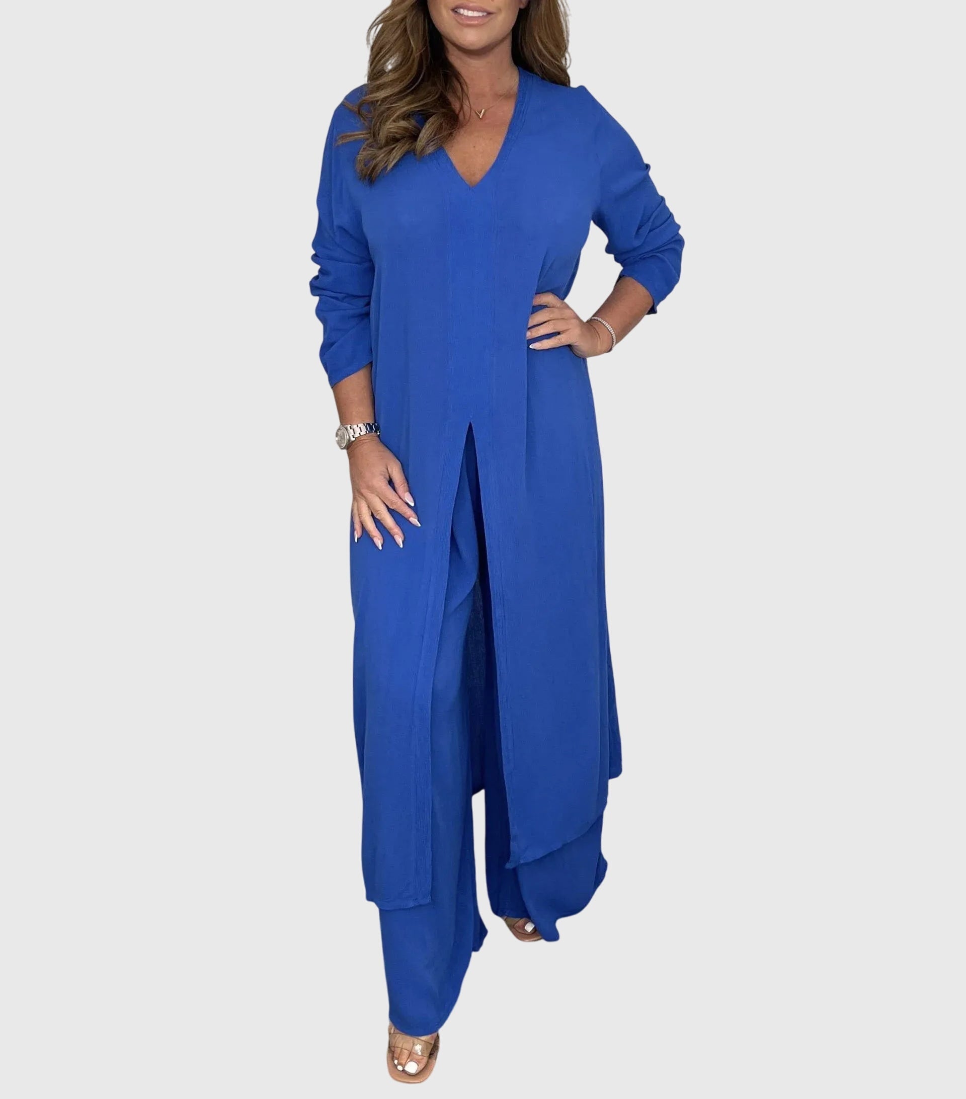Nadia – Longline Button Up Shirt and Straight Leg Pants Set