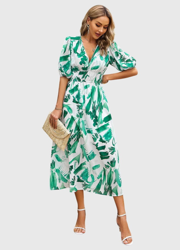 Chloe – Floral Print Puff Sleeve Wrap Midi Dress