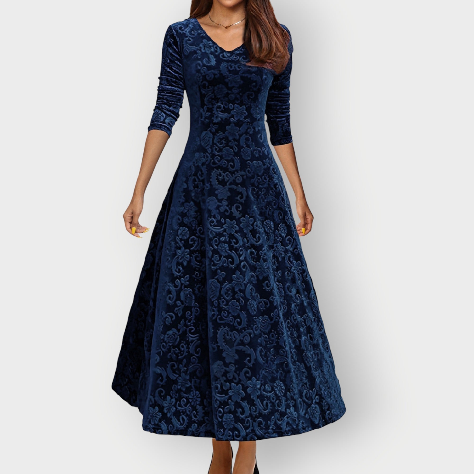 Cara – Velvet V Neck A Line Cocktail Midi Dress