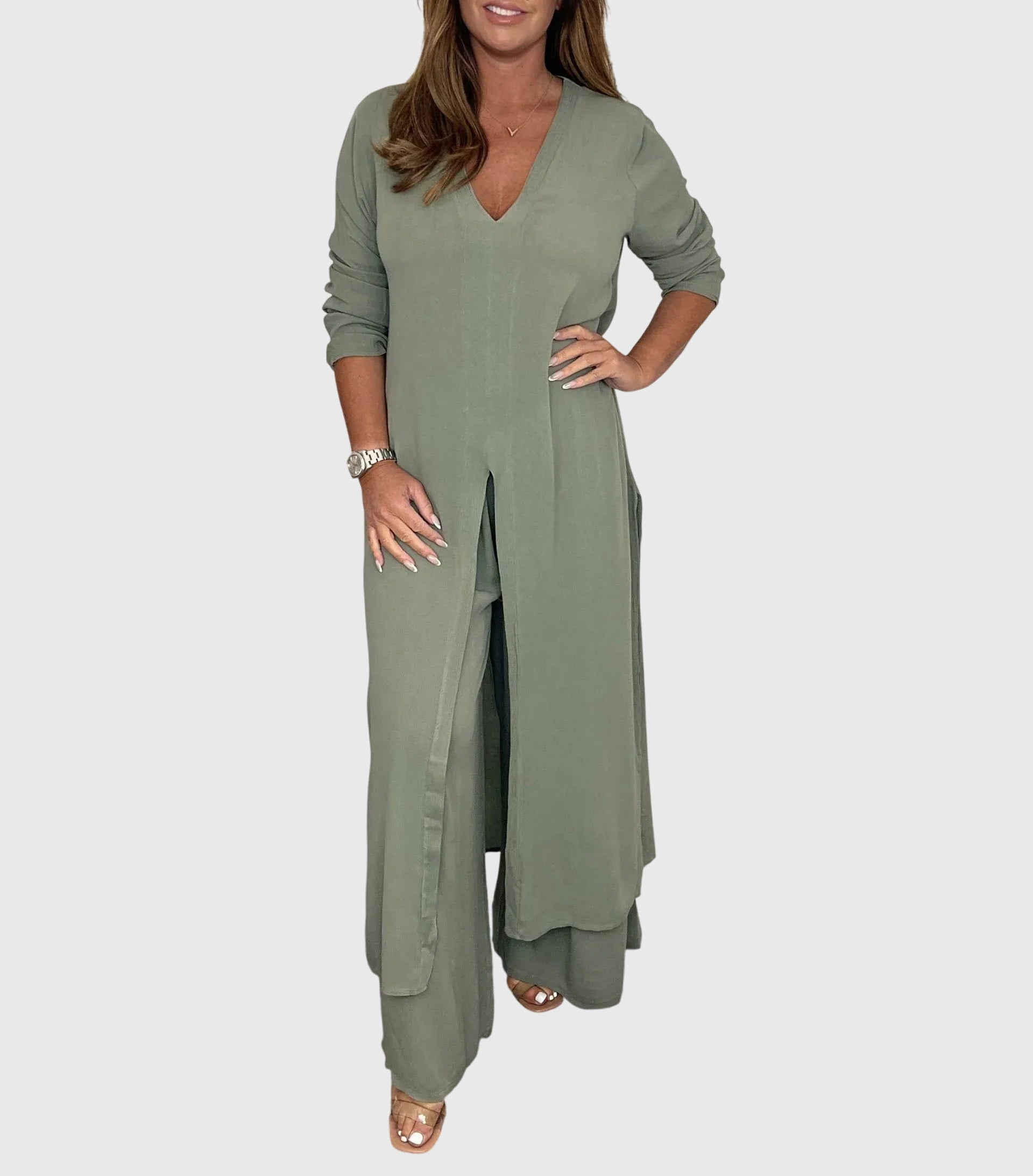 Nadia – Longline Button Up Shirt and Straight Leg Pants Set