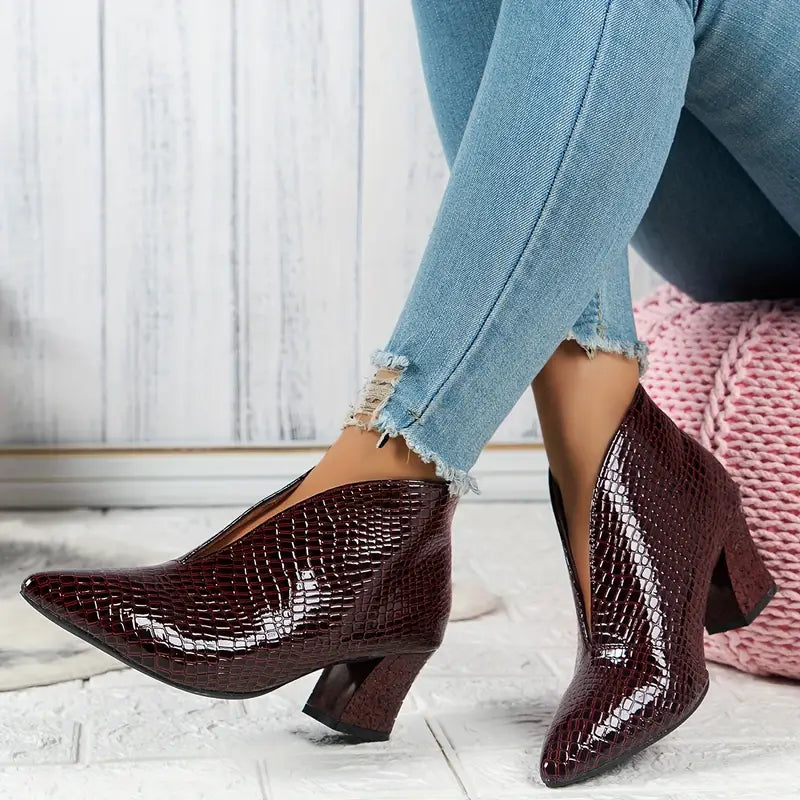 Magnolia – Snake Embossed Block Heel Ankle Boots