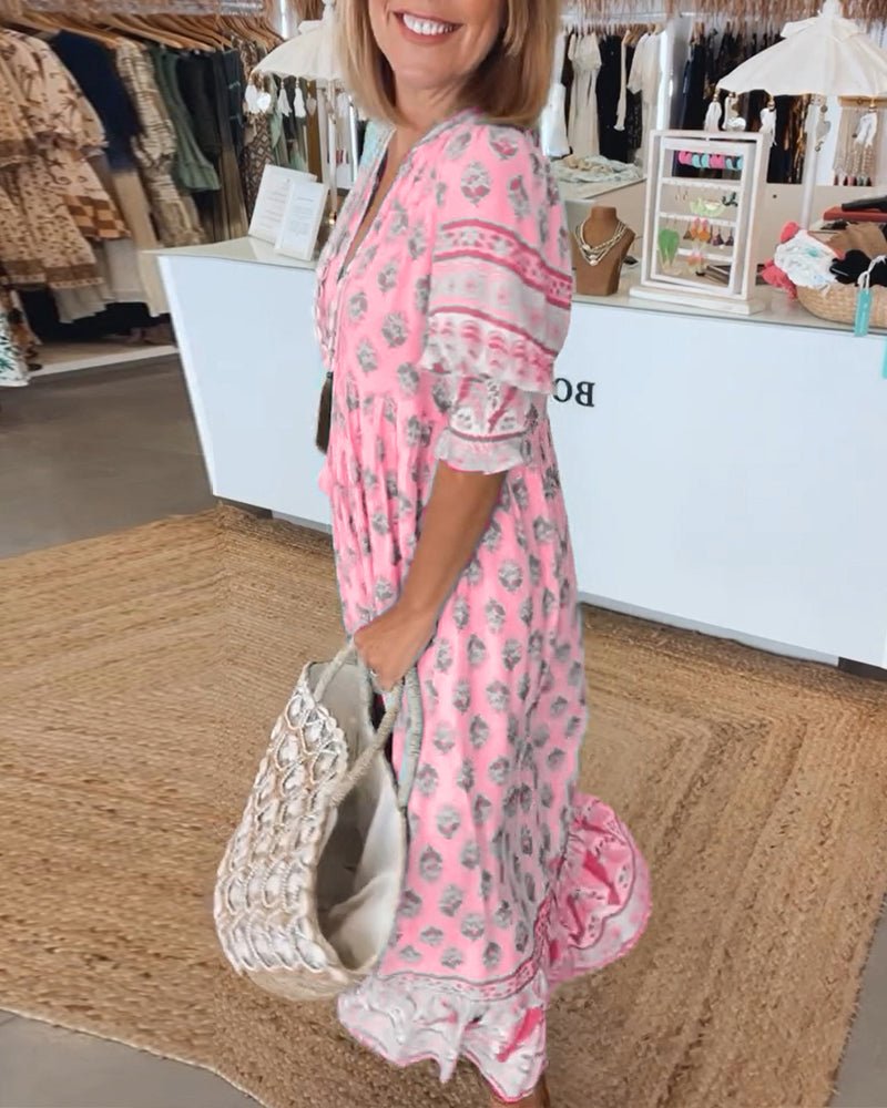 Catherine – Floral Print Tiered Maxi Shirt Dress