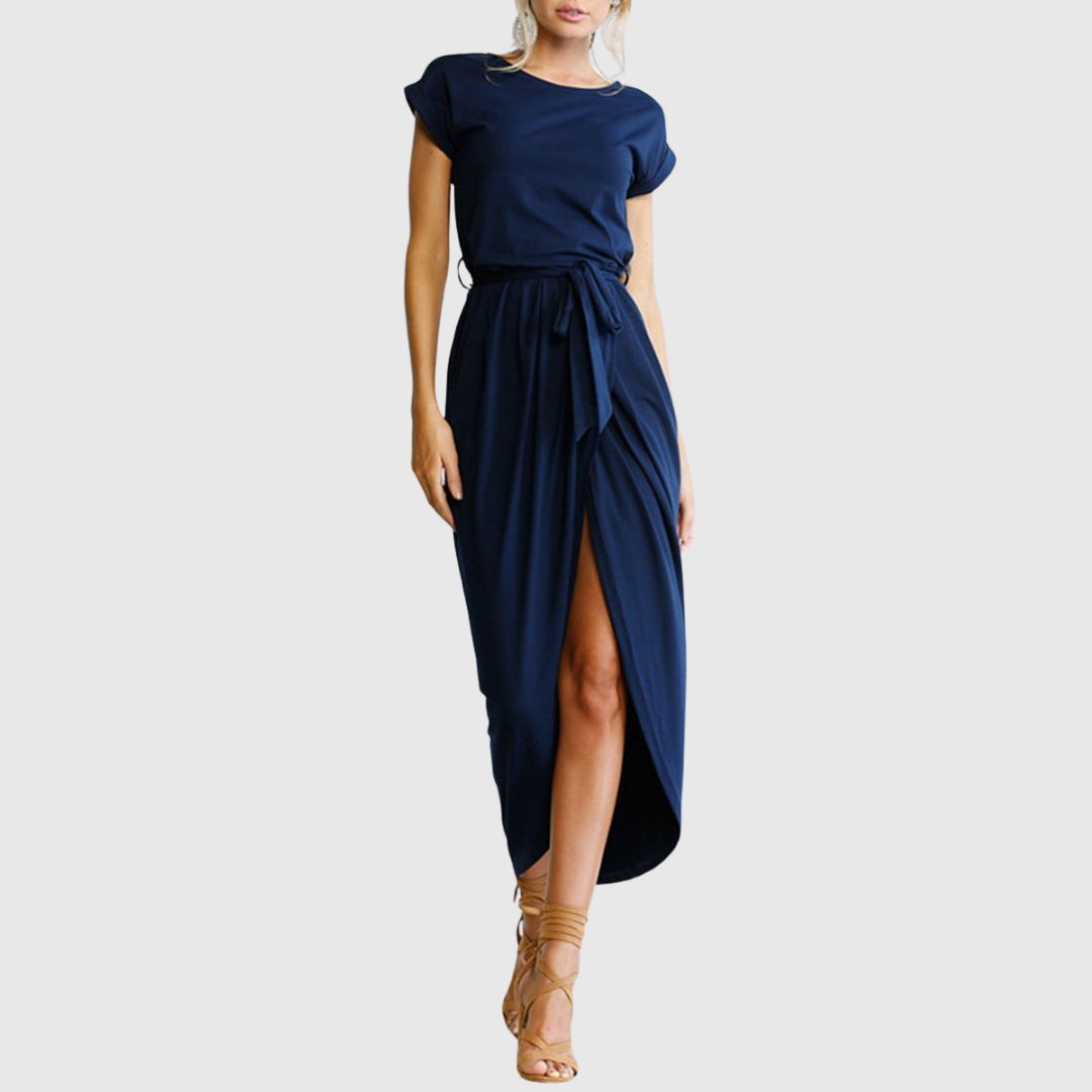 Jolene – Striped Tie Waist Short Sleeve Midi Dress