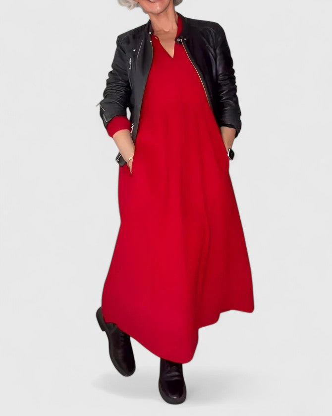Valerie – V Neck Long Sleeve A-Line Maxi Dress