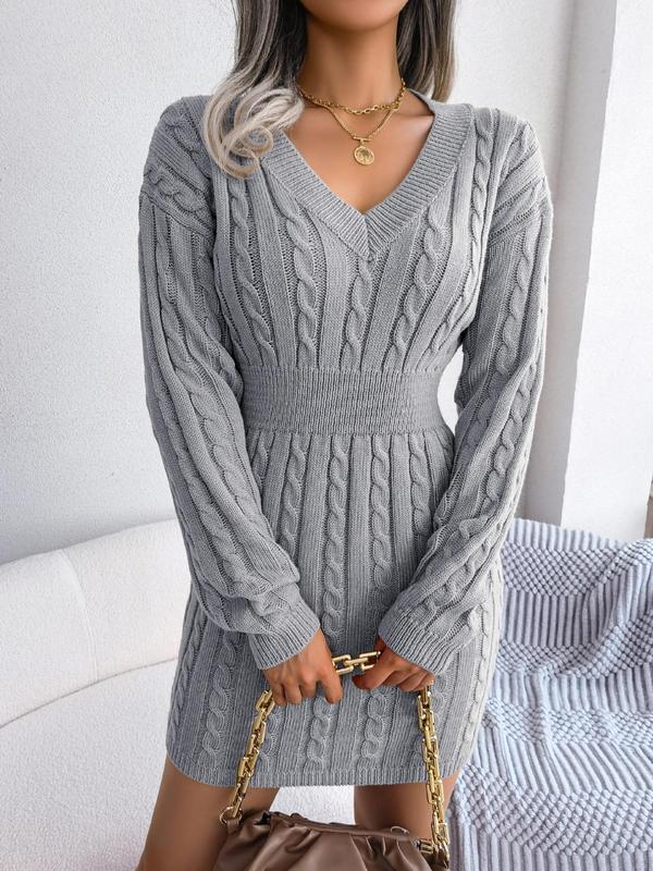 Annie – Cable Knit V Neck Mini Sweater Dress