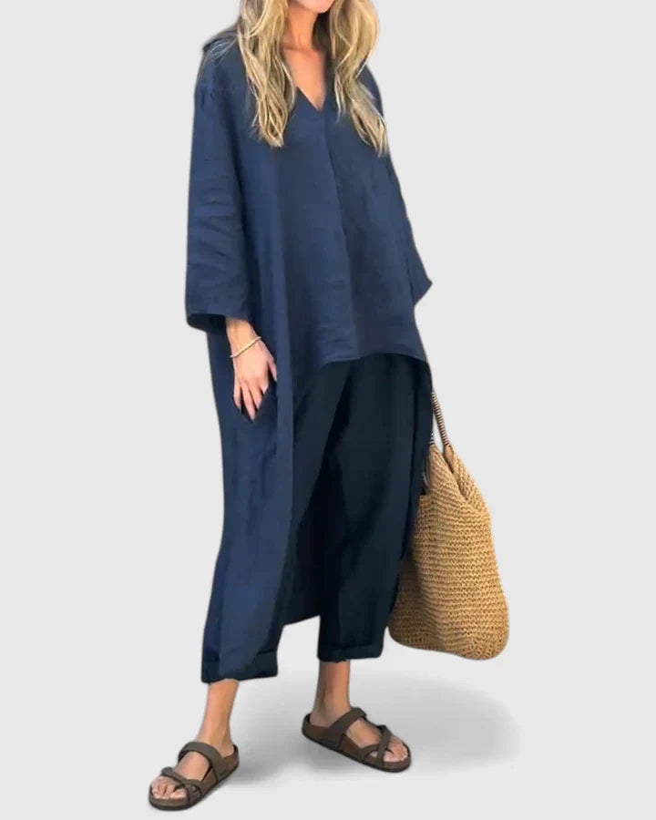 Adeline – High Low V Neck Tunic Top and Cropped Pants Set