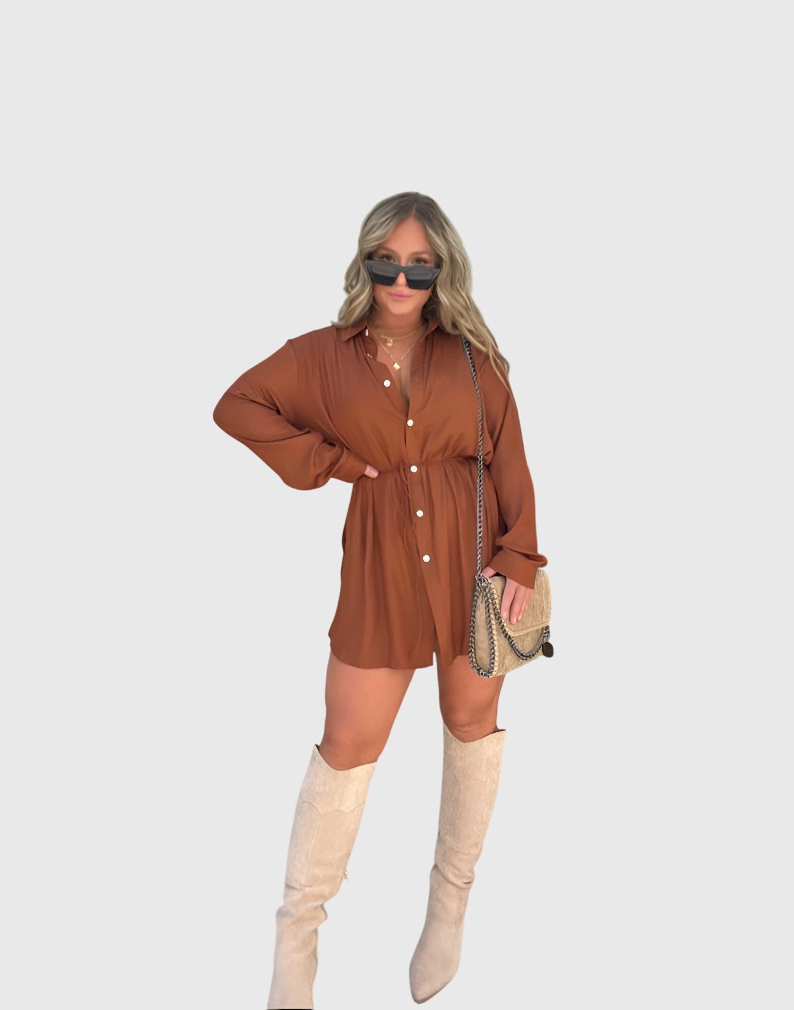 Savannah – Cinched Waist Long Sleeve Mini Shirt Dress