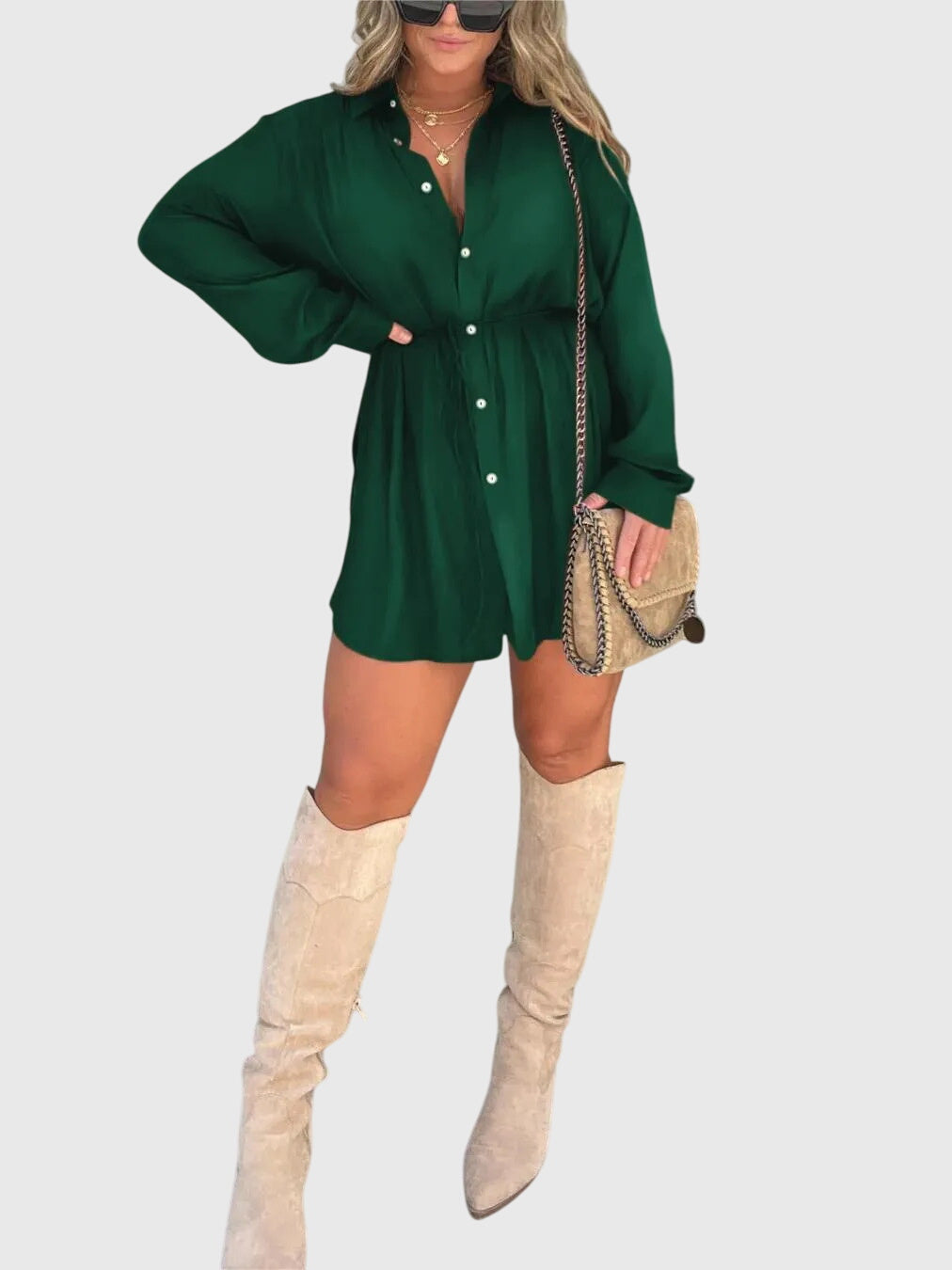 Savannah – Cinched Waist Long Sleeve Mini Shirt Dress