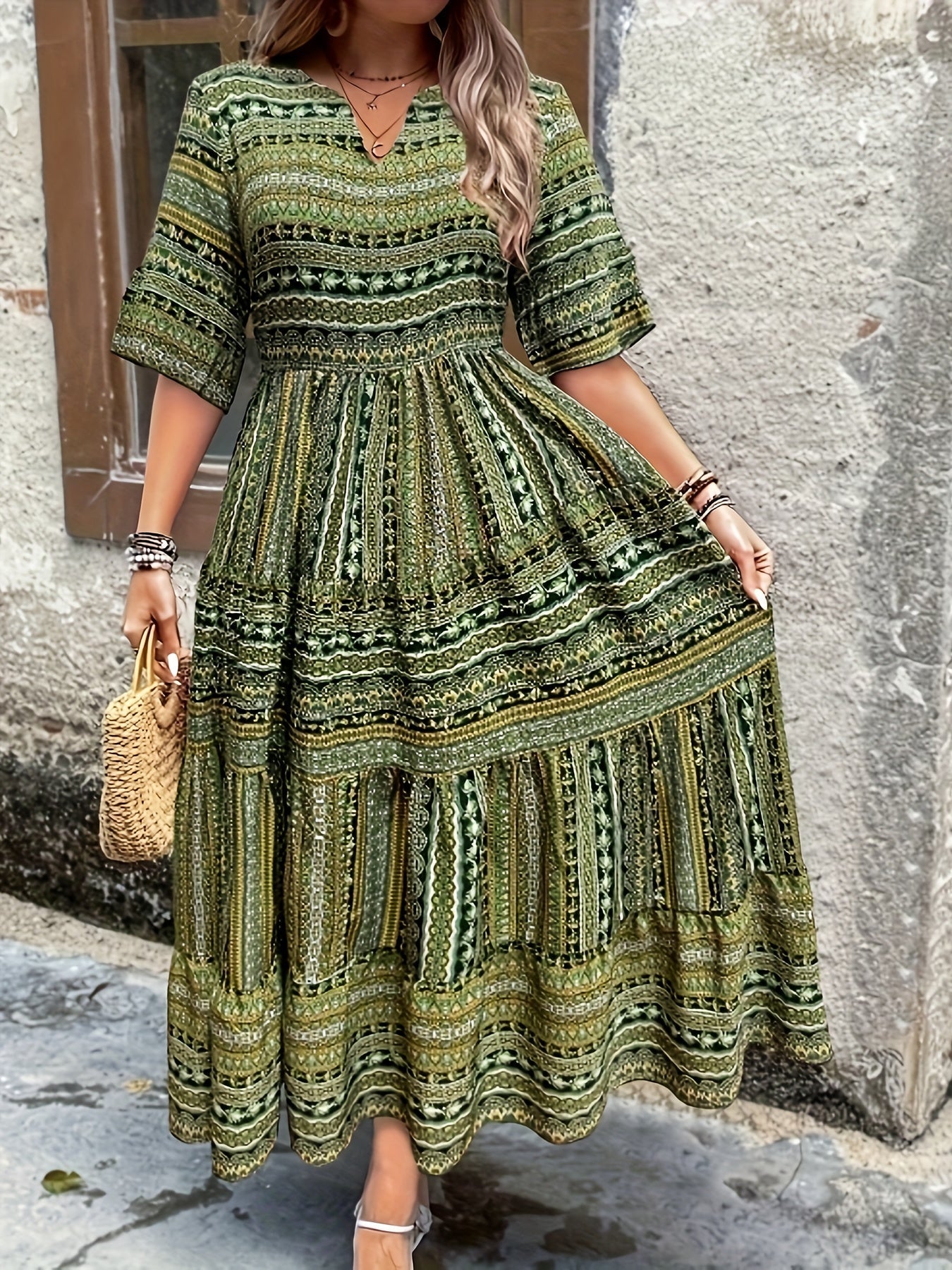 Estella – Boho Print Smocked Tiered Midi Dress
