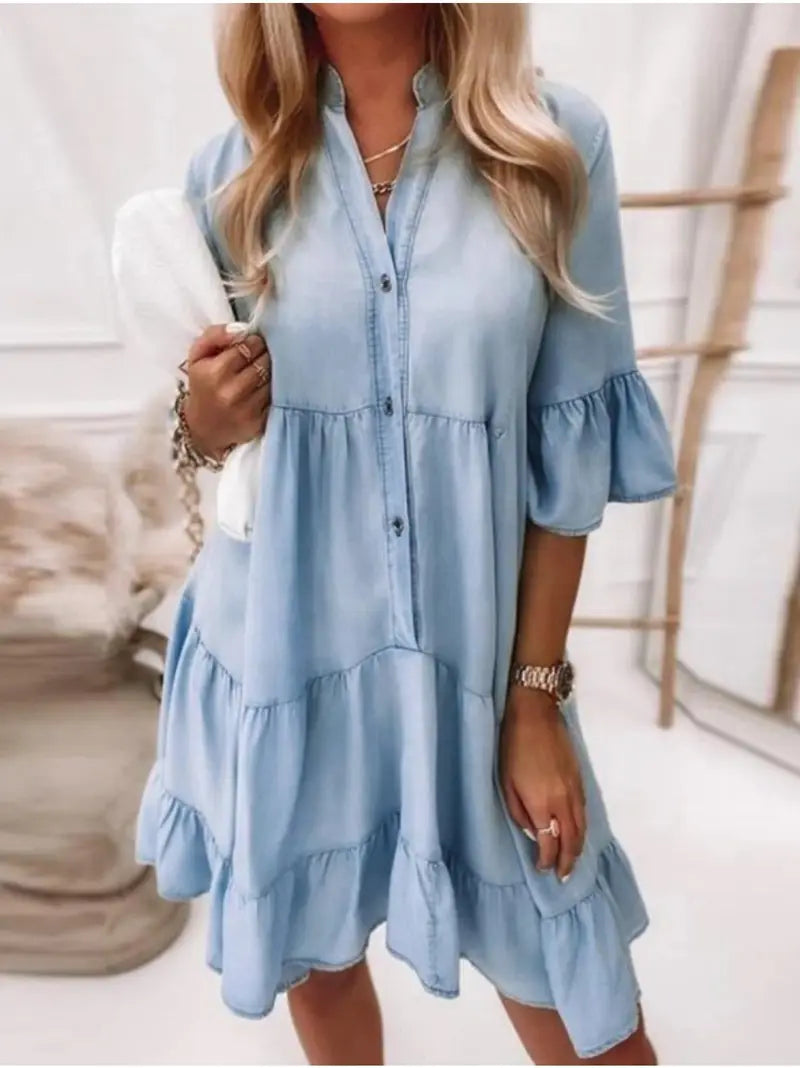 Celeste – Ruffle Sleeve Tiered Mini Shirt Dress