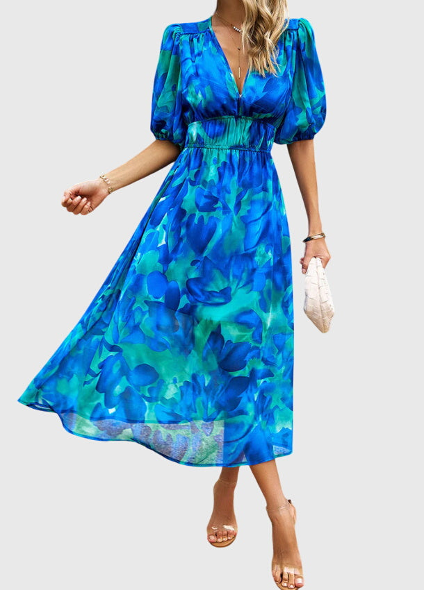 Chloe – Floral Print Puff Sleeve Wrap Midi Dress
