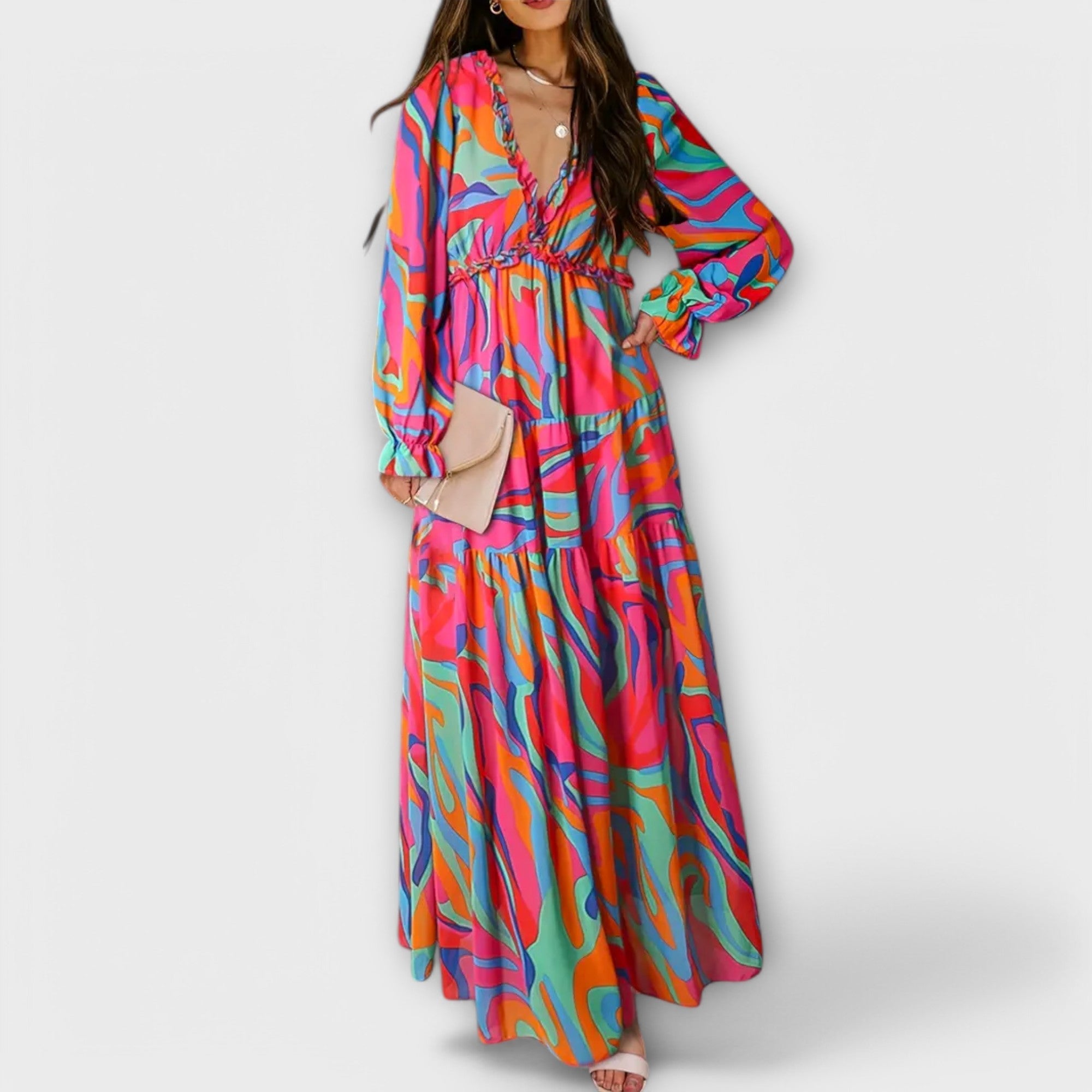 Kennedy – Floral V Neck Long Sleeve Tiered Maxi Dress