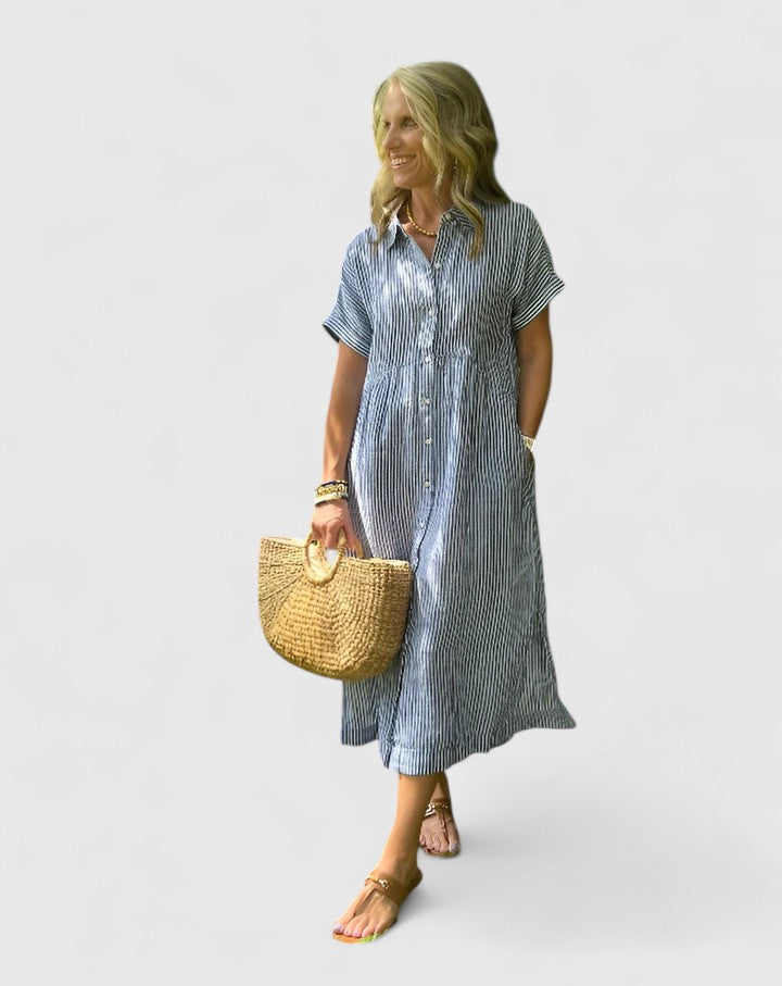 Fiona – Collared Short Sleeve Midi Shirt Dress