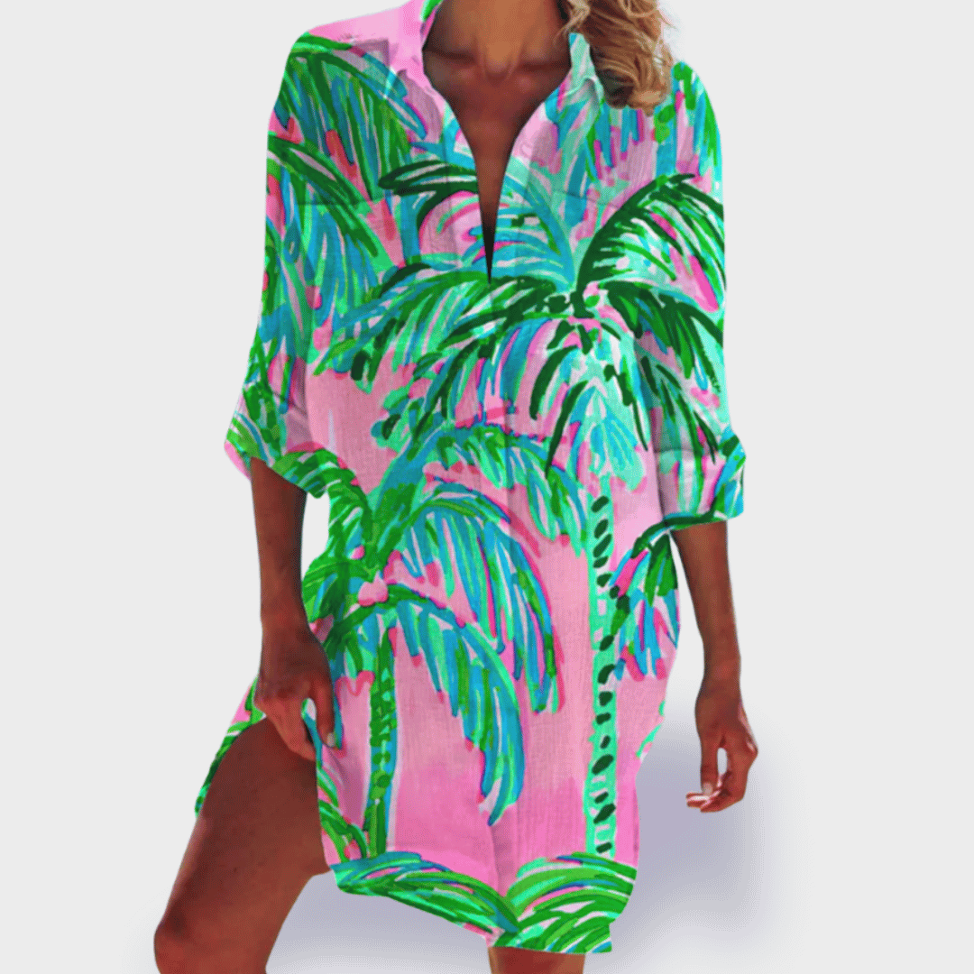 Lia – Tie Dye 3/4 Sleeve Tunic Mini Shirt Dress