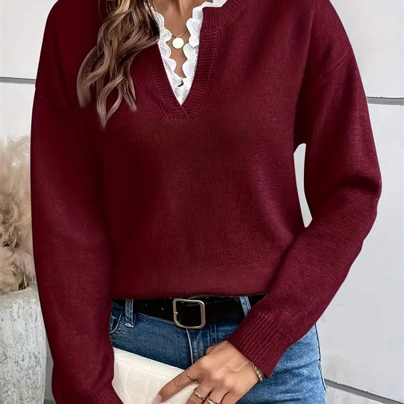 Lainey – Lace Trim Split Neck Knit Sweater