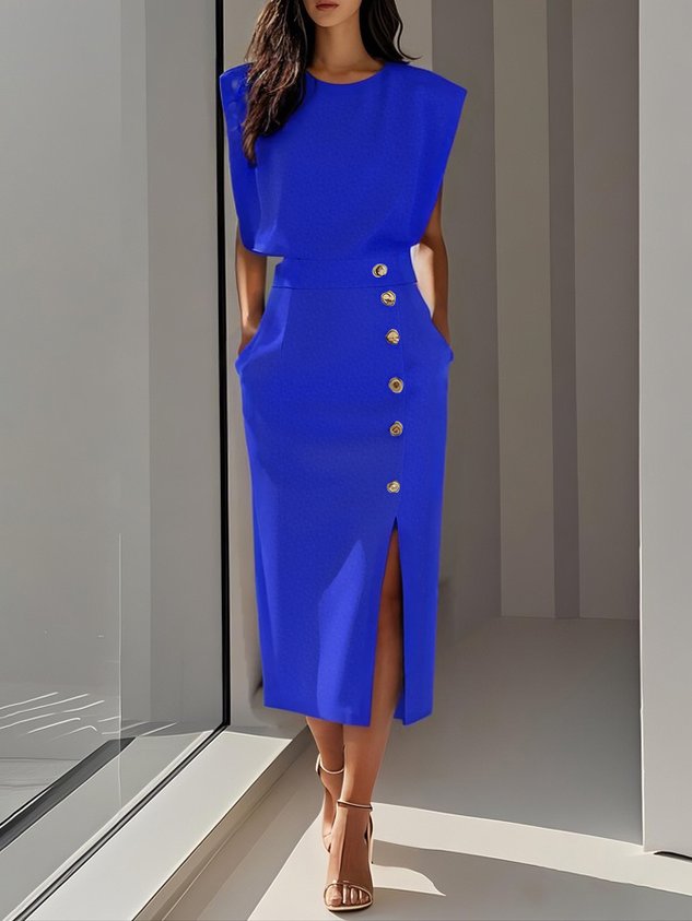 Sophie – Round Neck Bodycon Side Slit Midi Dress