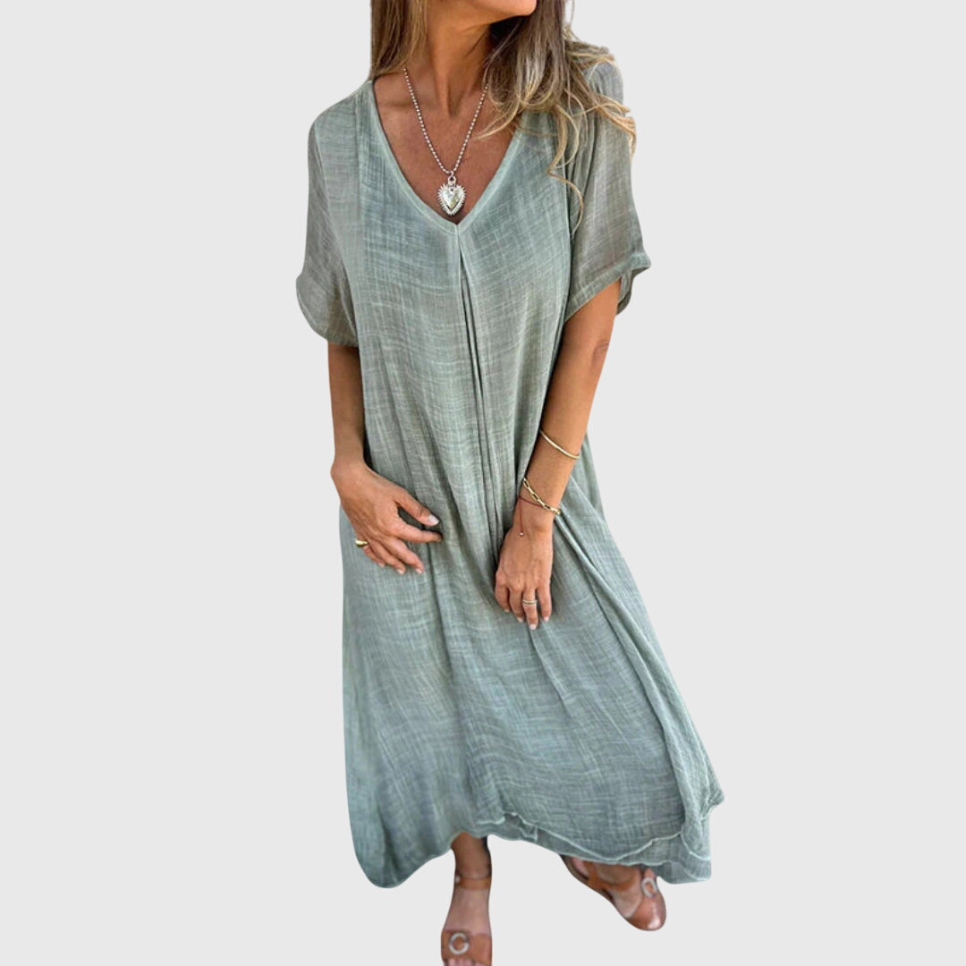 Elizabeth – V Neck Short Sleeve Flowy Maxi Dress