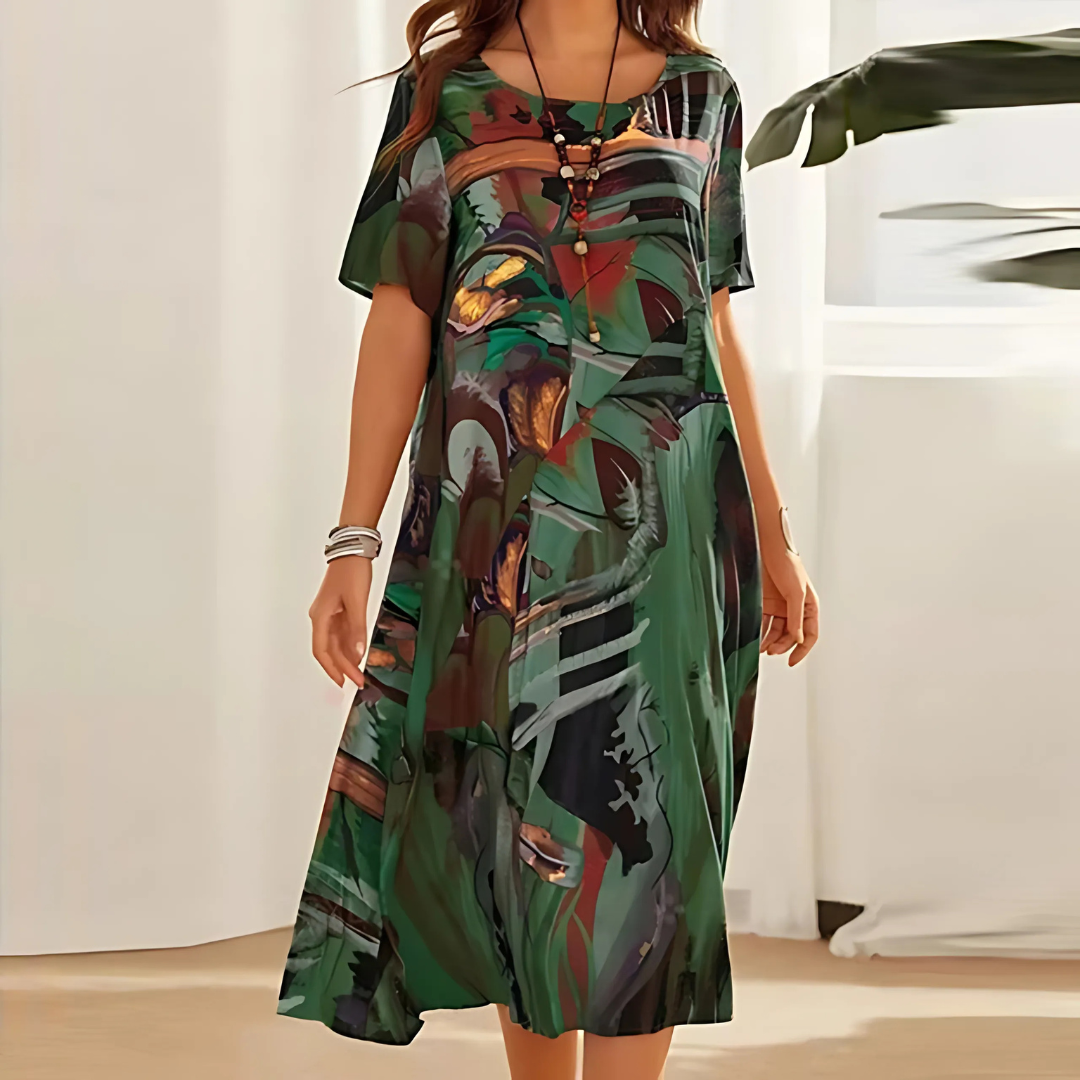 Athena – Abstract Floral Print Short Sleeve Midi Dress