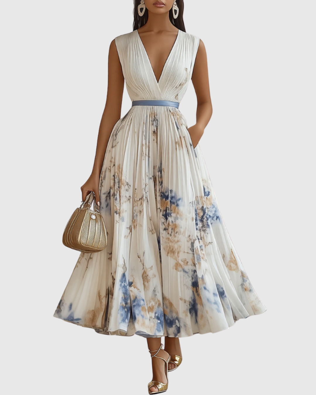 Scarlett – Abstract Print V Neck Pleated Midi Dress