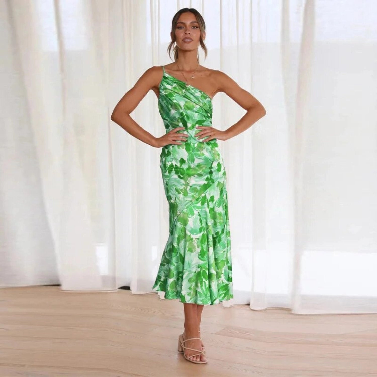 June – Floral Print One Shoulder Ruffle Maxi Dress