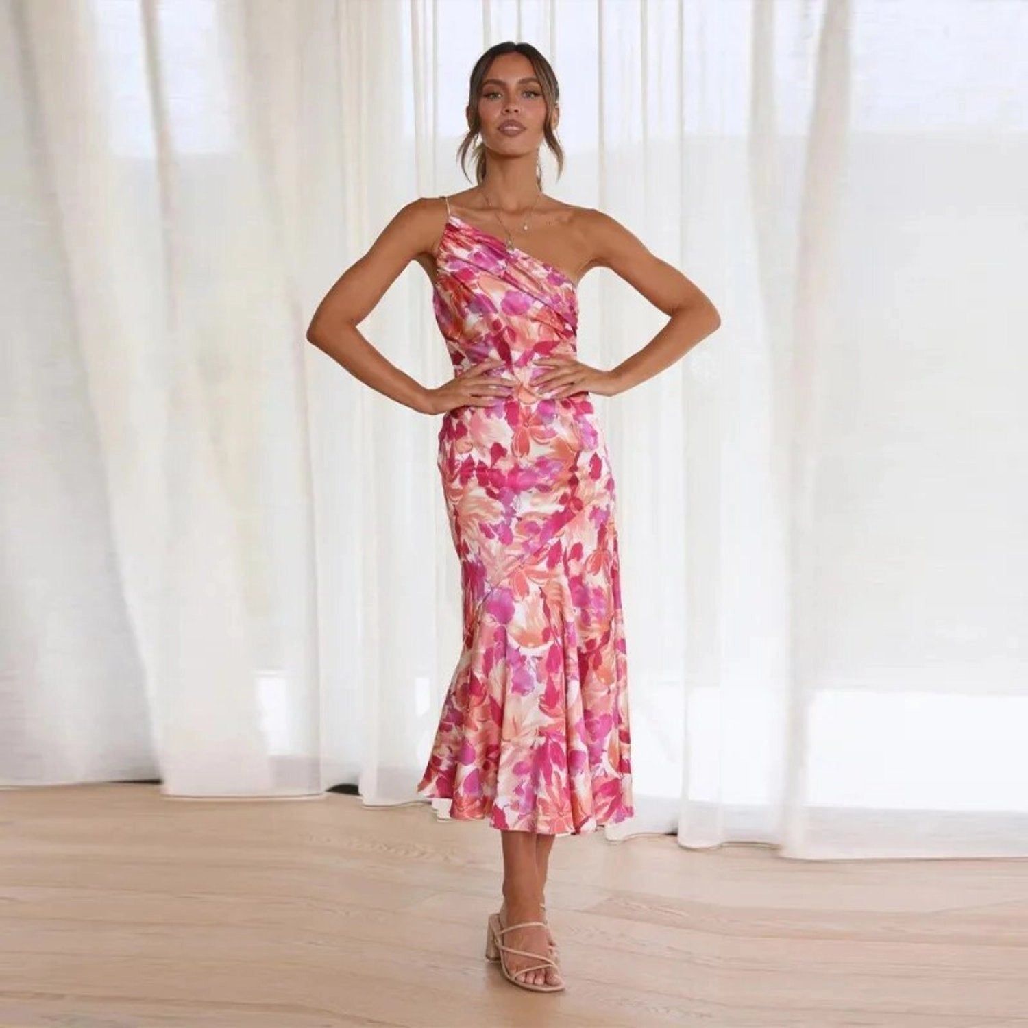 June – Floral Print One Shoulder Ruffle Maxi Dress