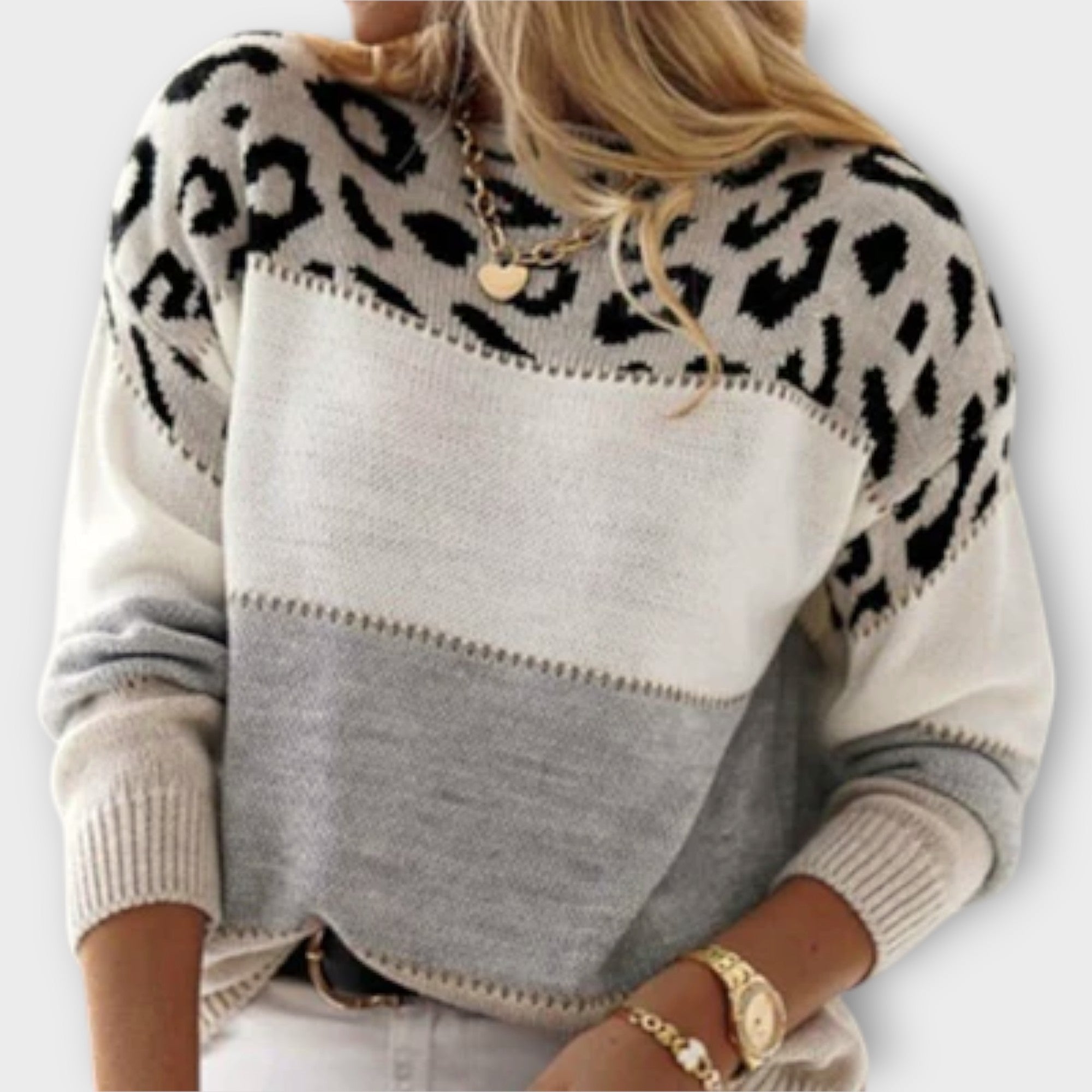 Ellie – Leopard Print Color Block Knit Sweater