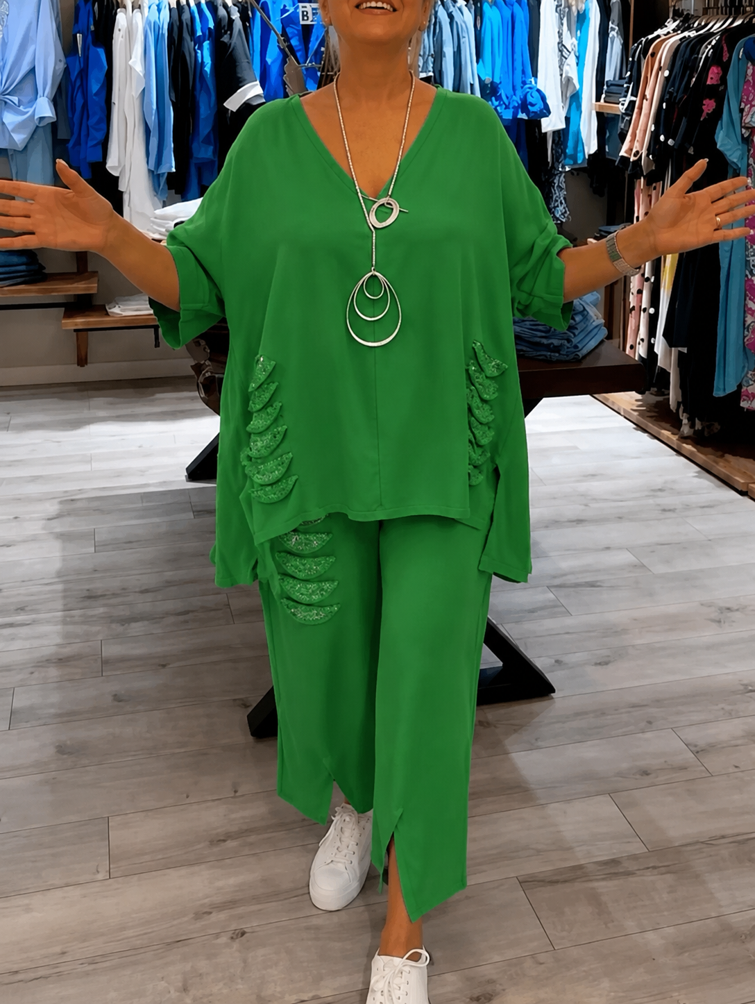 Emilia – Oversized V Neck Top and Wide Leg Pants Set